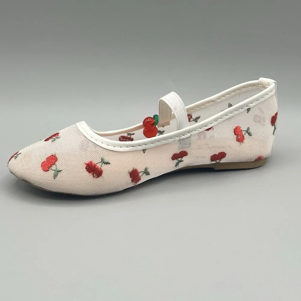 Bebe Girls White‎ and Red Flats Slippers with Cherries - Kids Youth Size 12